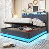 LED Polsterbett 140x200cm mit USB-Ladeanschluss und hydraulischem Stauraum, hautfreundlicher Leinenstoff Grau