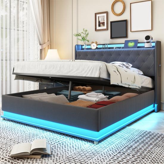 LED Polsterbett 140x200cm mit USB-Ladeanschluss und hydraulischem Stauraum, hautfreundlicher Leinenstoff Grau
