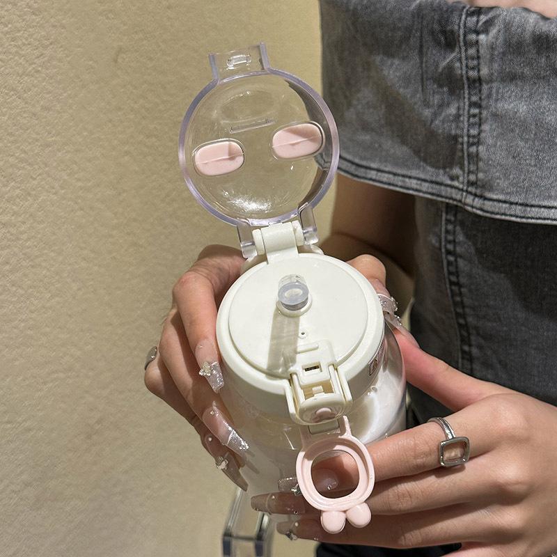 500Ml Kawaii Rabbit Water Bottle Portable Cute Ear Shaped Drinking Cup With Straw And Lid Summer Drinkware For Outdoor Camping