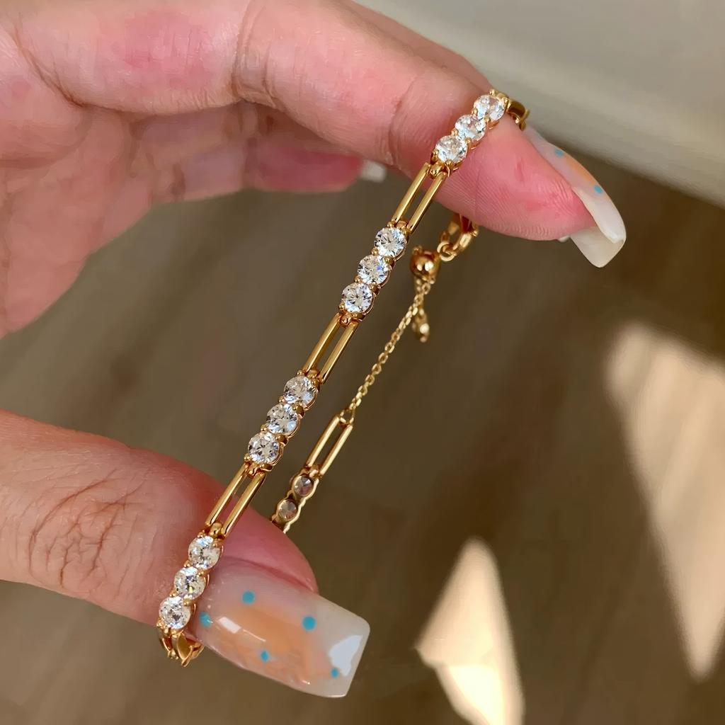 Drape Silver Wrist Minimalist Smooth Splicing Chain Double-layer Bracelet Stacked Wearing Light Luxury Splicing Round Diamond Return Chain Bracelet