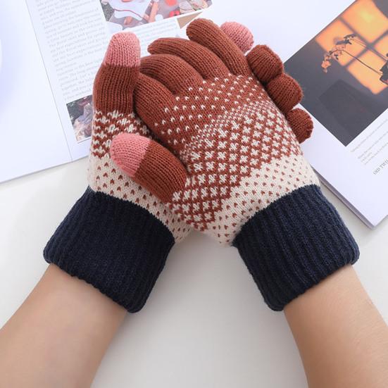 1 Pair Thickened Warm Full Fingers Touch Screen Ribbed Cuffs Women Gloves Winter Striped Splicing Double Layer Fleece Lining Knitting Gloves for Cold