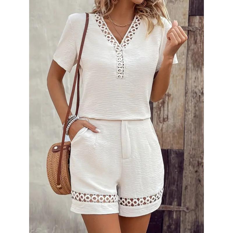 Frühling/Sommer Damen V-Ausschnitt Patchwork Kurzarm Unifarbene Bluse + Shorts Set Für Damen