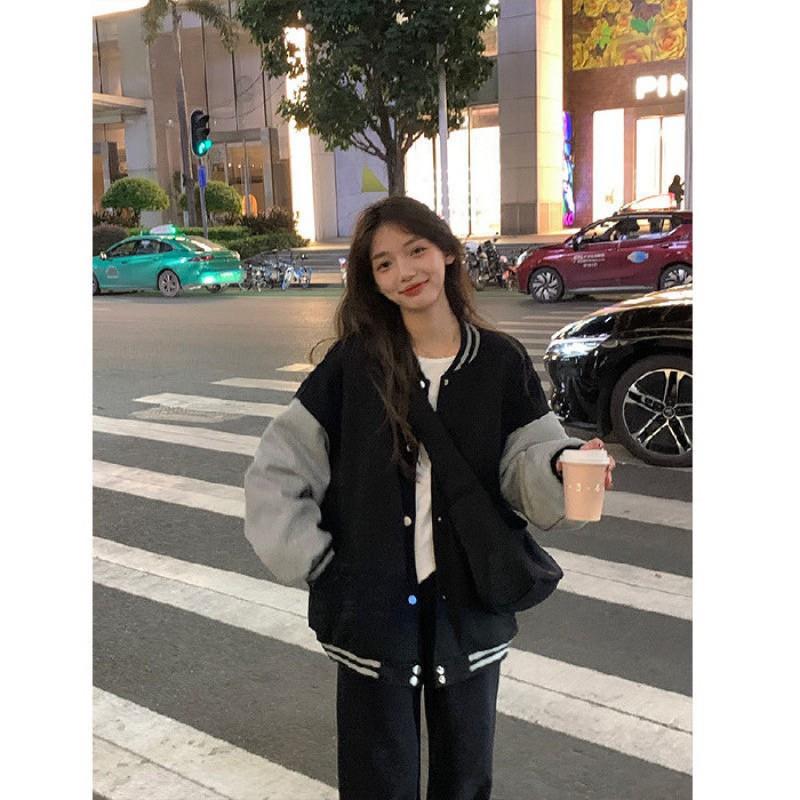 Oversized Fleece-Lined Baseball Jacket Men Women Streetwear Loose Fit Hoodless Coat In Black Khaki