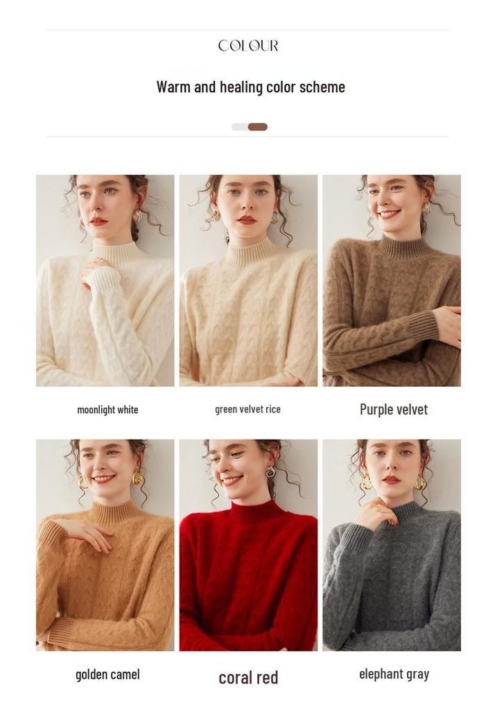 Women's Cable Knit Cashmere Half-High Neck Pullover Sweater