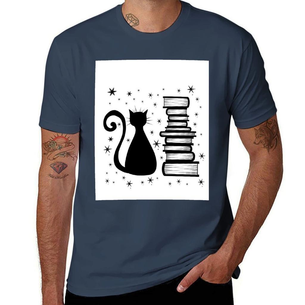 A Cat Books Tshirt Simple Solid Color Crew Neck Tee