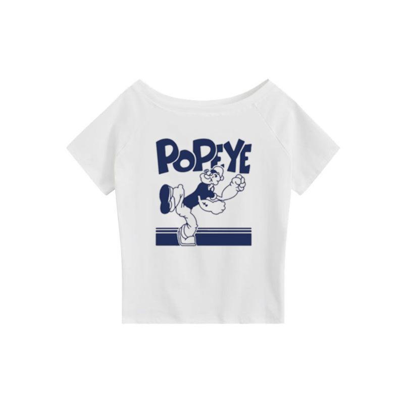 One-word shoulder off-shoulder short-sleeved women s T-shirt summer new American cartoon print casual loose slanted shoulder top women S