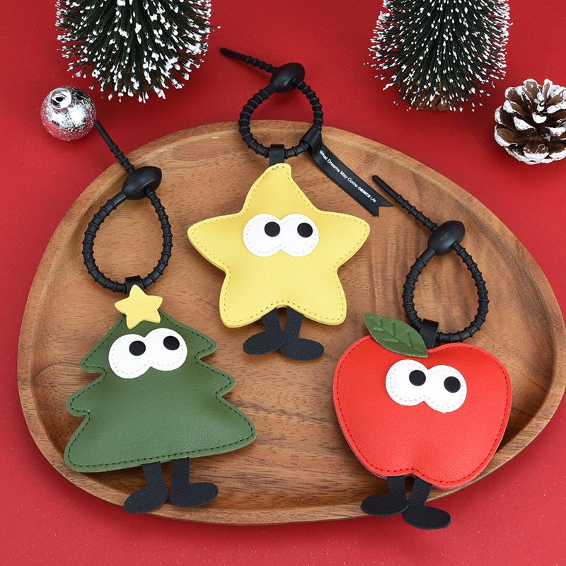 Christmas tree apple keychain creative Christmas New Year cute cartoon PU leather pendant trinkets