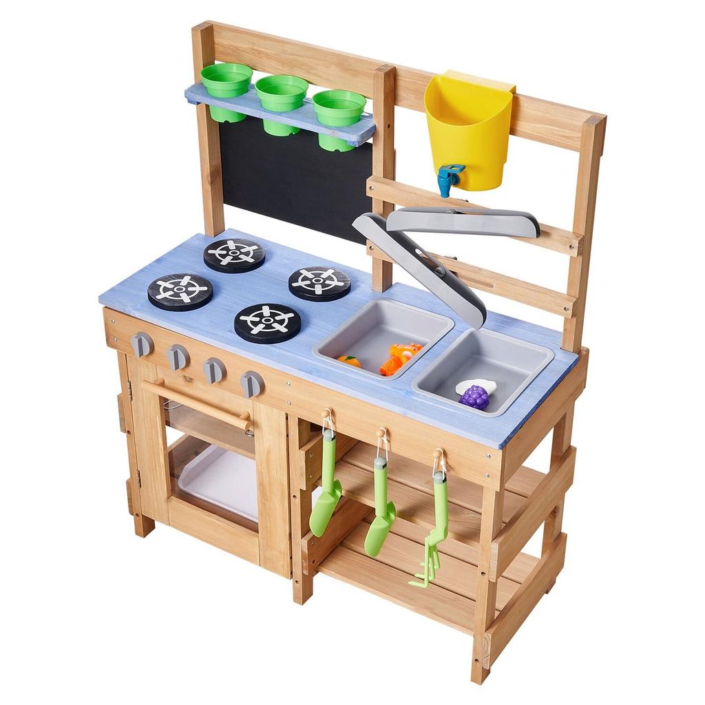 Mud Kitchen, Outdoor Mud Kitchen for Kids, Wood Outdoor Play Kitchens with Stoves, Hooks, Sinks, Planting Shovels, Spatulas, Handle, Cookware Pots and
