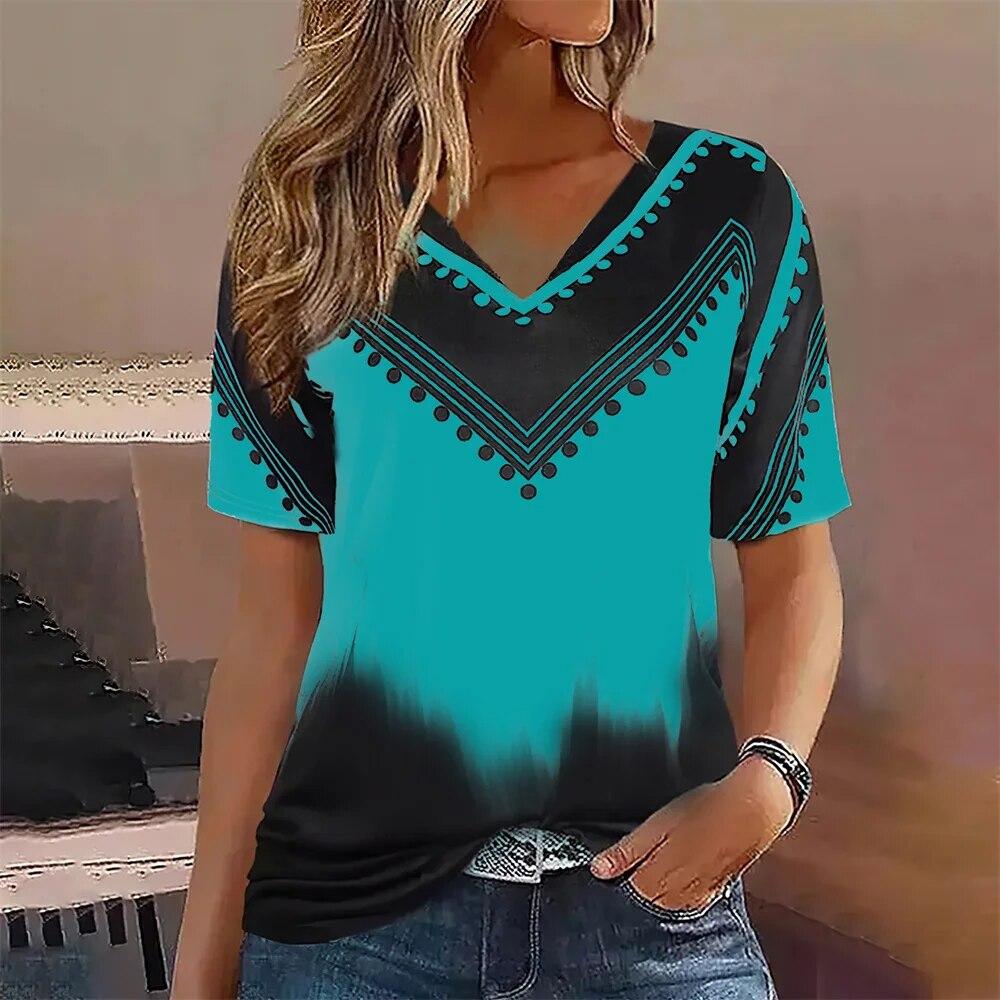 Gradient Pattern Women's T Shirt Summer V Neck Casual Short Sleeve Tees Female Oversized Harajuku Clothing Fashion Girls Blouse
