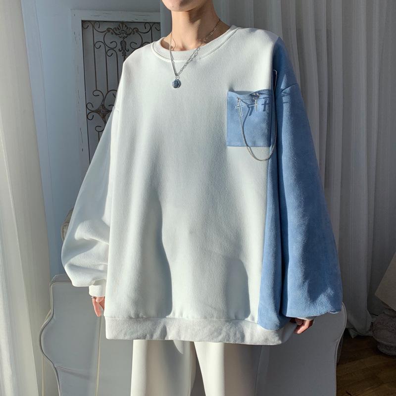 Men's Autumn Color Block Patchwork Sweatshirt – Loose Fit, Long Sleeves, Round Neck