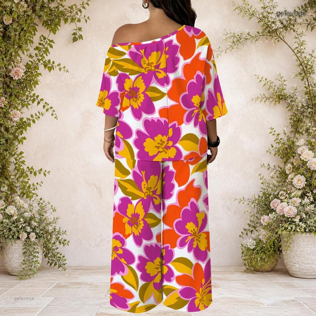 Women Plus Size Two Piece Suit Batwing Sleeve Top Loose Long Pants