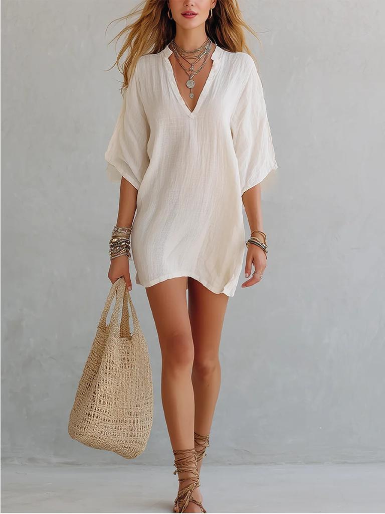 Women's White V Neck Mid Sleeve Bohemian Dress Knee Length