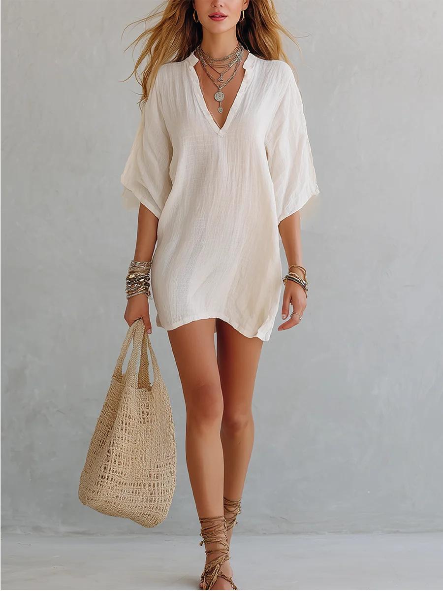 Women s White V Neck Mid Sleeve Bohemian Dress Knee Length S белый