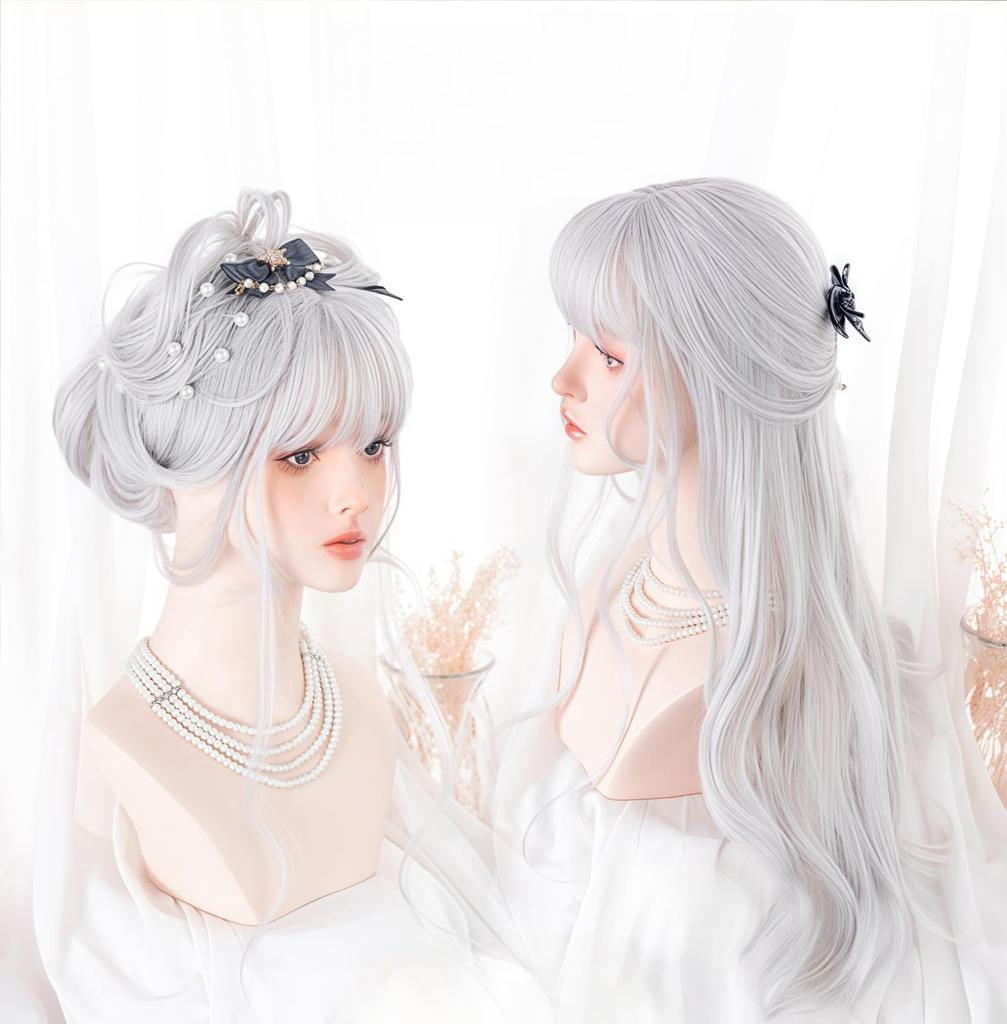 RyuuCos Lolita Wig, Long Hair, Curly Hair, Straight Bangs, Silver/Gray, Cosplay, Summer Night Glow, Natural, Harajuku Style, Heat Resistant, Disguise,