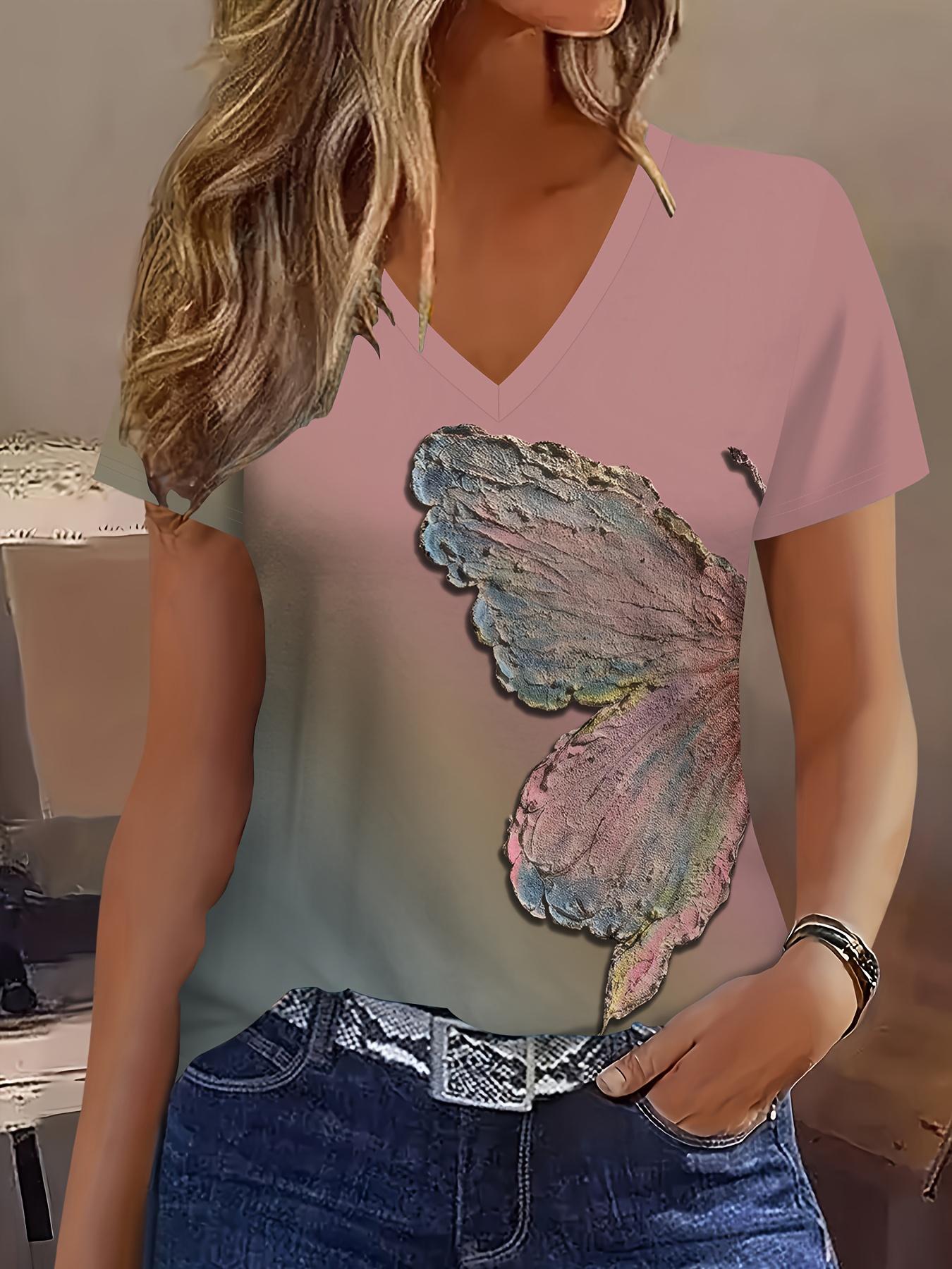 Elegant Gradient Tie-dye Butterfly Print V-neck Short Sleeve T-shirt for Women S