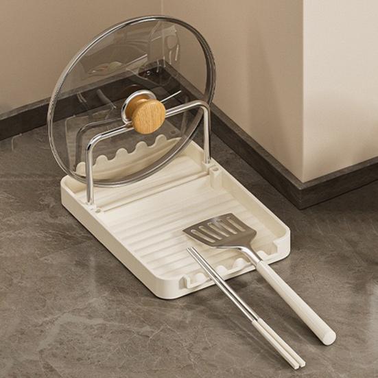 Pot Lid Storage Rack Kitchen Pot Lid Stand with Drain Tray Spoon
