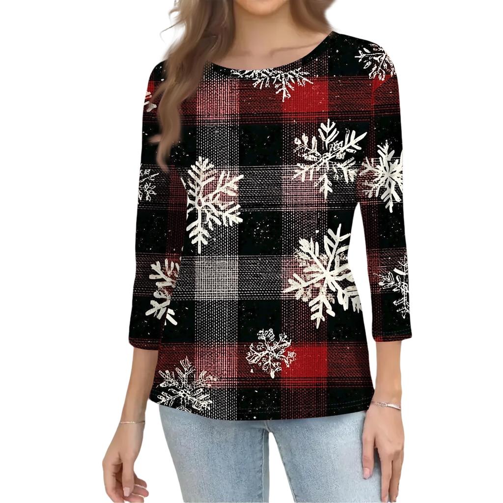 Women's Fashion Casual Christmas Tree Printed Round Neck Three-Quarter Sleeve T-Shirt Top