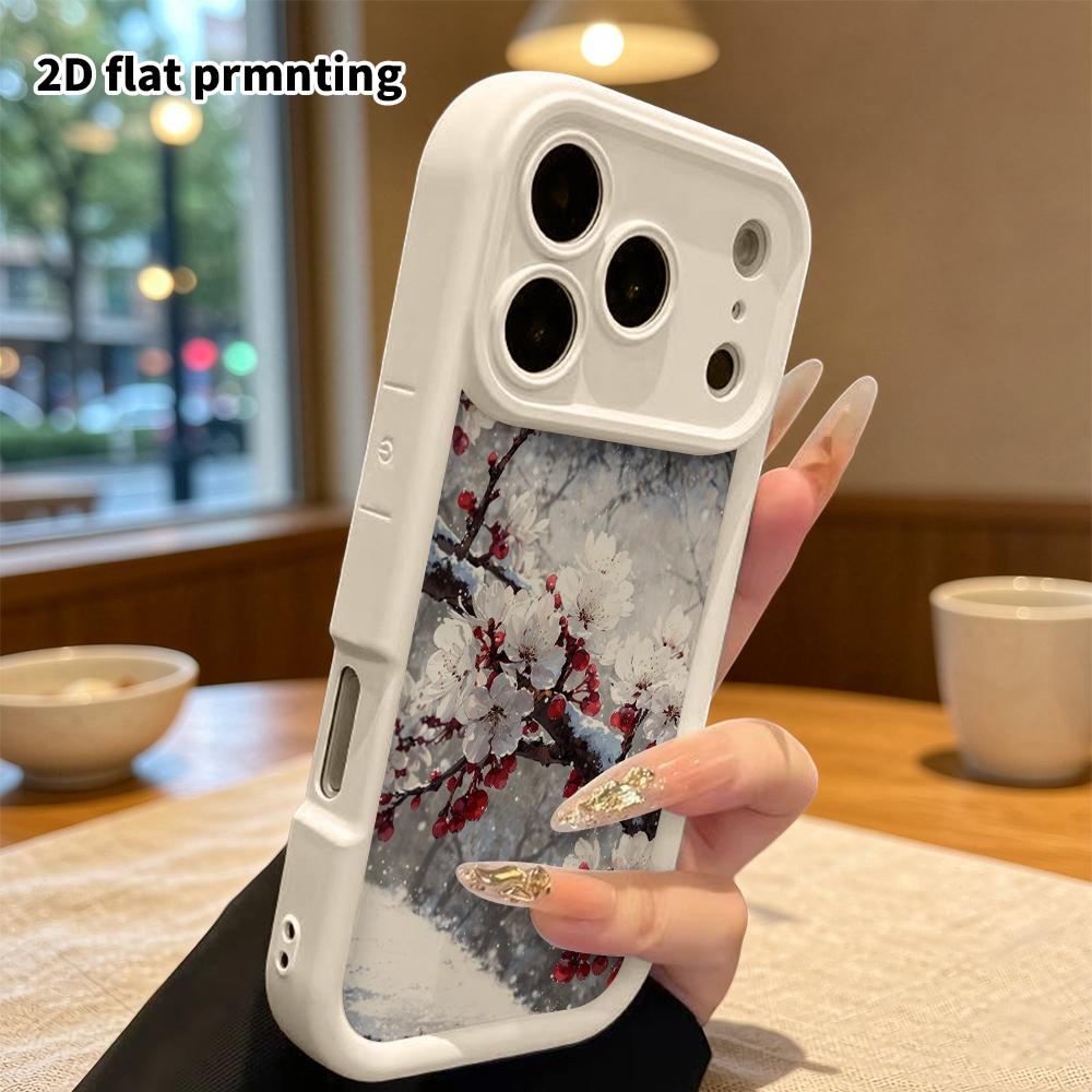 Phone Case: 2D Flat Design Suitable for iPhone 18 17 16 15 14 13 Pro Tiered Protective Case, Falling Snow White Plum, Christmas and Halloween Gift
