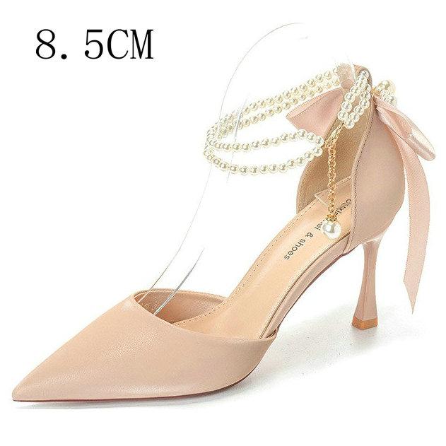 Fashion 2025 New Hollow Head High Heel Sandals Pearl Slim Heels Senior Sense Nude Nightclub Shoes Women