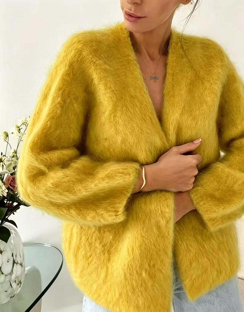 Pure Color Faux Mink Fur V-Neck Women's Cardigan - Loose Fit & Larger Sizes Available