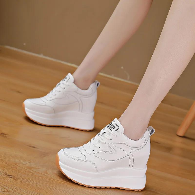 Increased 10CM Genuine Leather Sneakers Platform Wedge Hidden Heel Pumps Warm Fur Women Winter Shoes