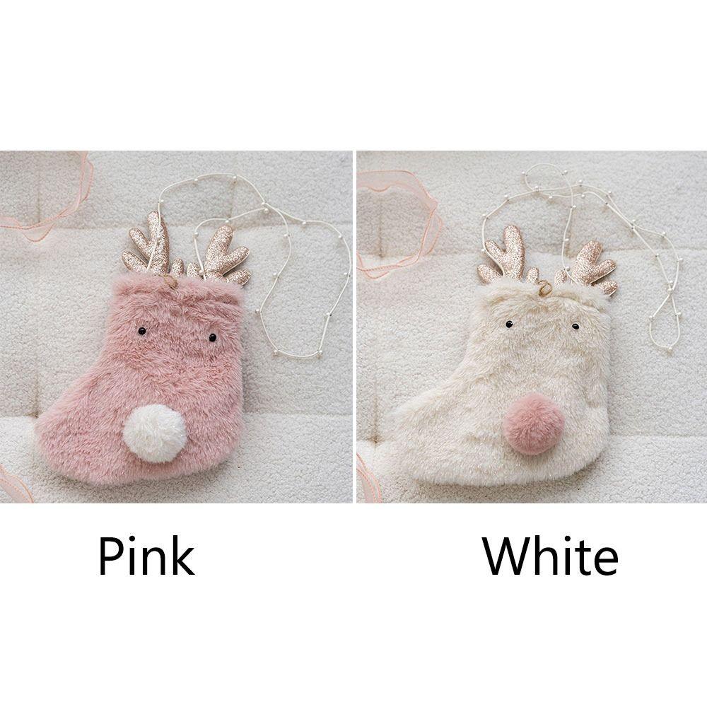 Plush Christmas Stocking Beads Chian Cartoon Elk Shoulder Bag Hanging Decorations Pink White Christmas Gift Bag Chrismtas