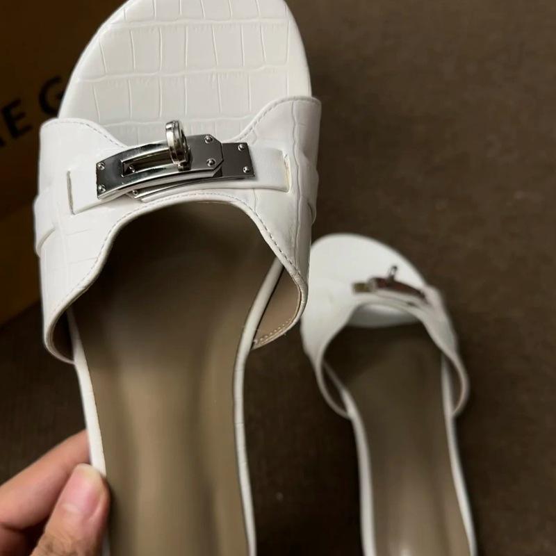 

Женские туфли с металлической пряжкой, сексуальные, с темпераментом, повседневные, с круглым носком, на плоской подошве, крутые шлепанцы 40 белый