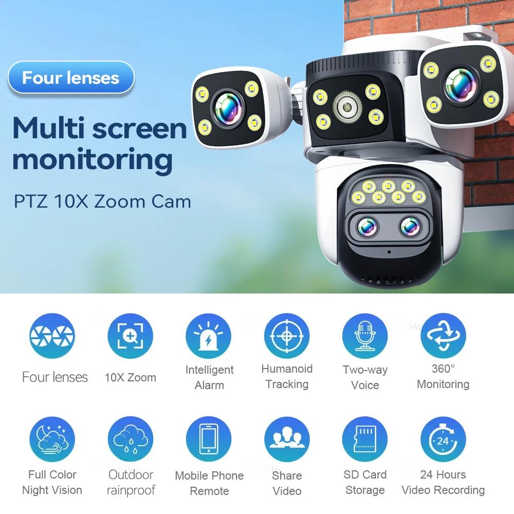 10K UHD WiFi6 20MP Outdoor Security Camera with 10X Zoom Four Screens Four Lenses PTZ Auto-Tracking Waterproof for CCTV