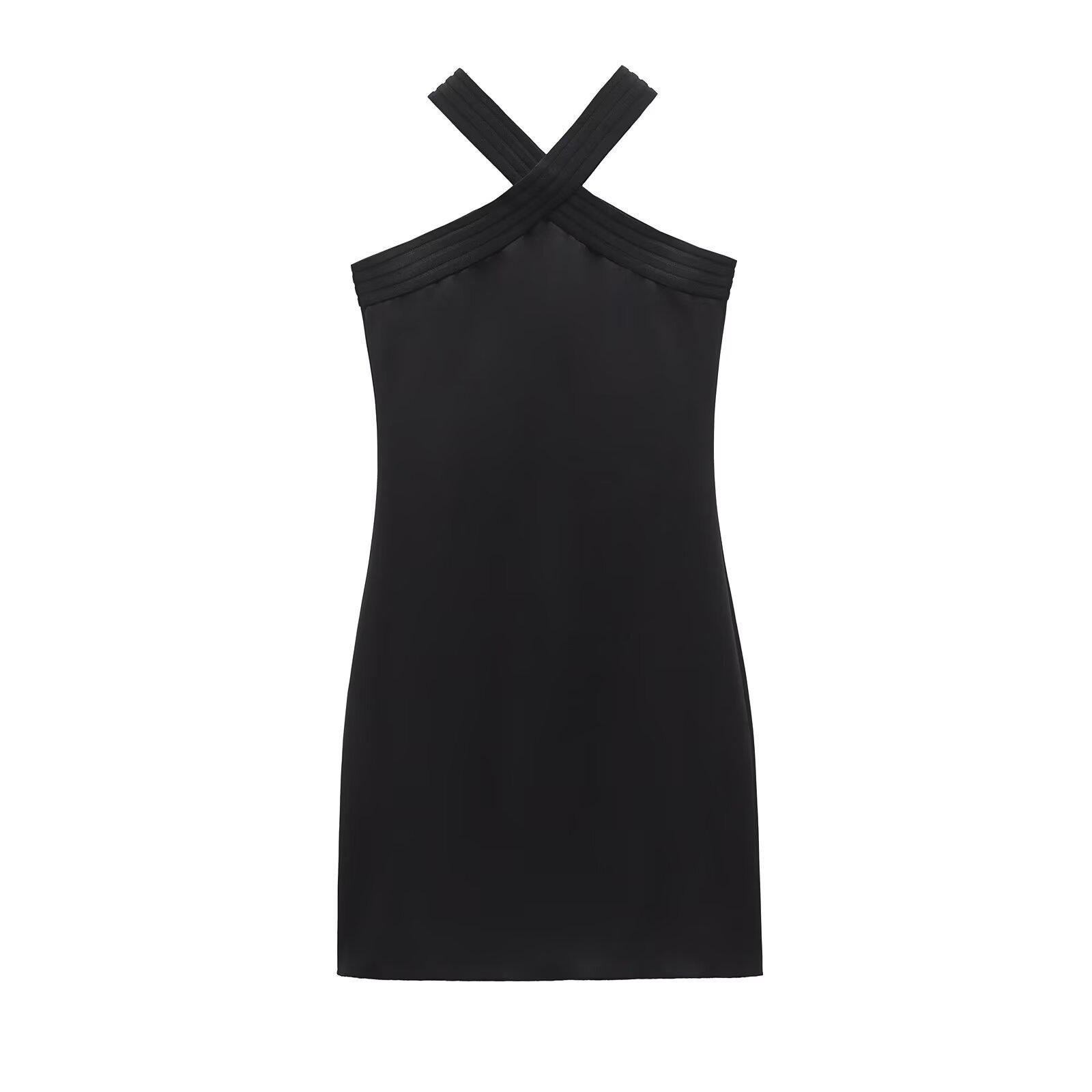

2025 Spring/Summer Women s Slimming Criss-Cross Halter Neck Dress S чёрный