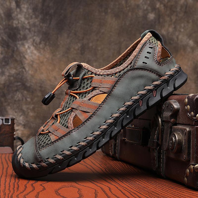 Sandales d'été pour hommes, chaussures d'extérieur antidérapantes, de plage, faites à la main, en cuir véritable, baskets à la mode
