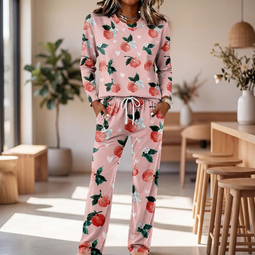 Set Pigiama da Donna a Manica Lunga con Scollo Rotondo, Coulisse e Gamba Larga per Uso Casual e da Notte