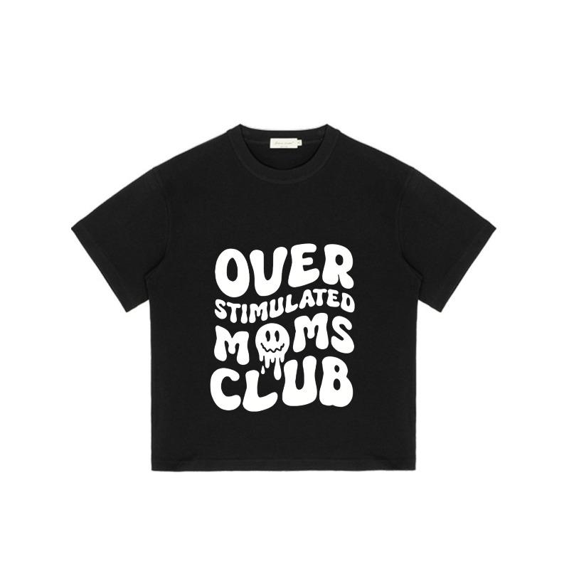 Overstimulated Moms Club T-Shirt Black White Text and Skull Graphic Design for Casual Wear
