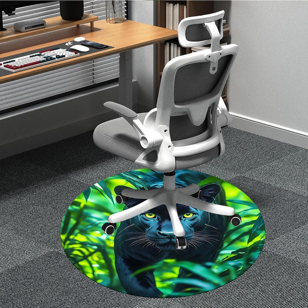 1pc Panther, Jungle Print Chair Carpet for Office, Round Non-Slip Durable Large Size Office Carpet, Suitable for Office, Beautiful Decoration
