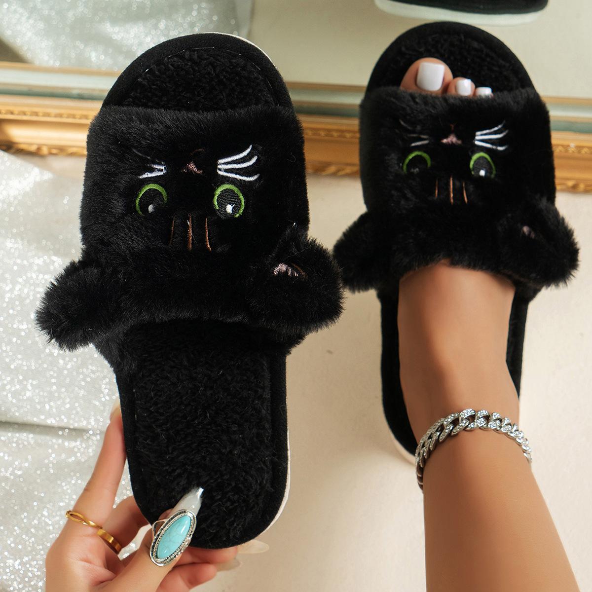 

Тапочки-котята с открытым носком, Домашние плюшевые теплые тапочки для женщин 38-39 чёрный