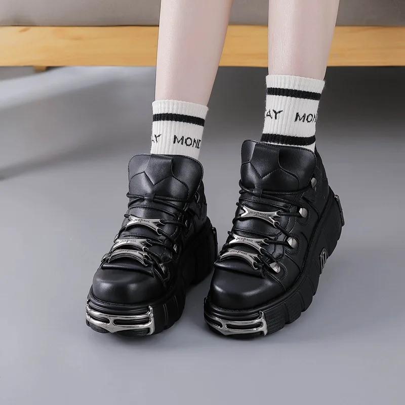 Spring New Women's Shoes Heavy Metal Thick Bottom High Top Punk Leather Shoes Gothic Dark Motorcycle Boots Trend