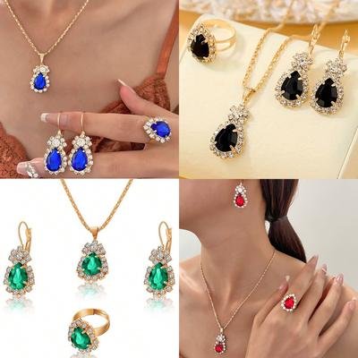 4pcs Shiny Elegant Waterdrop Zircon Set, Necklace & Earring & Ring Set, Party Zircon for Girls