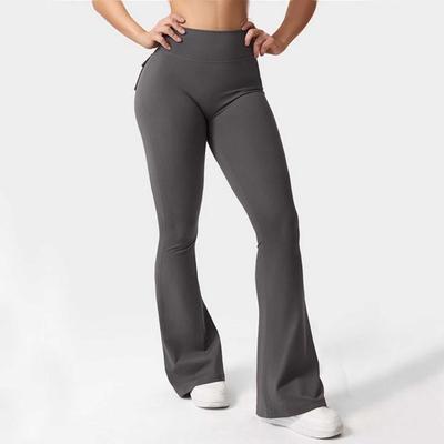 Women Yoga Pants Solid Color Slim Fit Flared Pants with Pockets Thin Elastic Cargo