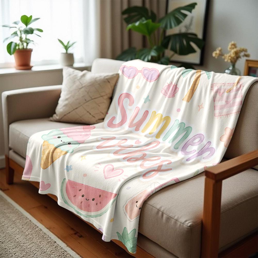 Cute Summer Beach Sticker Soft Flannel Blanket Breathable Warm Throw for Office Car Sofa Kids Room Birthday Xmas Gift
