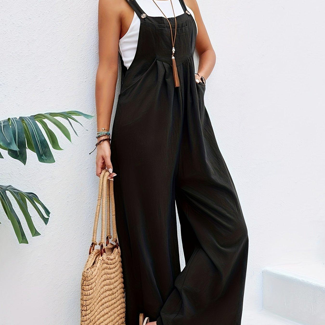 

Довгий однотонний комбінезон без рукавів у стилі бохо, повсякденний мішкуватий комбінезон з кишенями, жіночий одяг M чорний