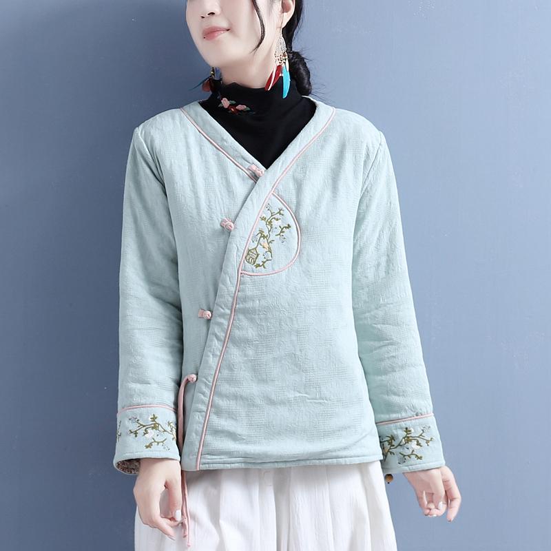 Women s Retro Chinese Style Winter Cotton Jacket with Embroidered Color Block and Frog Buttons One Size