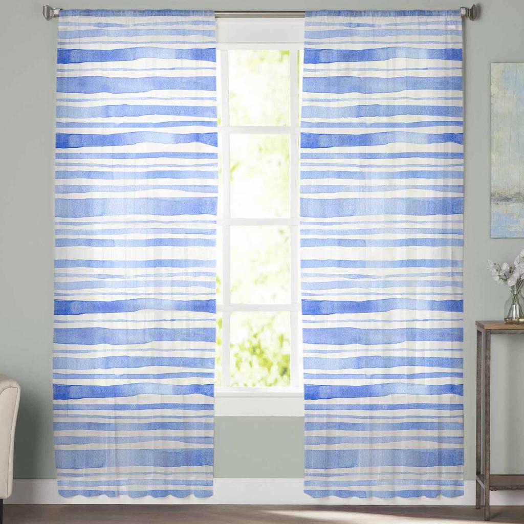 Aquarell Gestreifte Blaue Tüll-Fenstervorhänge für Schlafzimmer Luxuriöse Heimdeko Vorhänge im Wohnzimmer Chiffon-Paneele