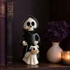 Cute Spooky Halloween Gift Grim Reaper & Ghostly Puppy Resin Figurine, Black Robed Skeleton with Wear-resistant Sculpture Ghost Dog Statue,