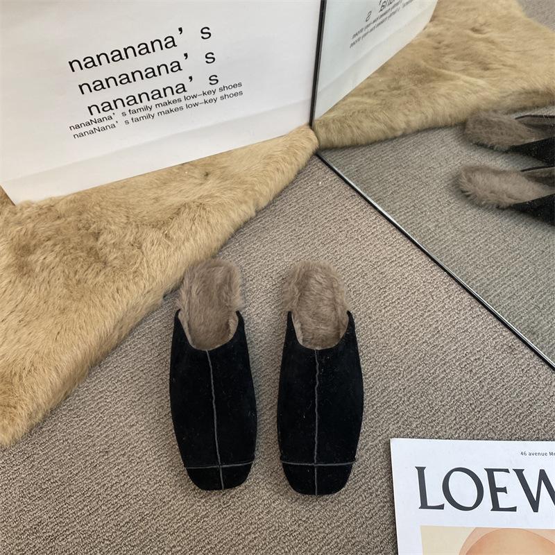 

Премиум-туфли Lazy Muller с квадратной головкой и глубоким ртом, плюшевые теплые полутапочки Baotou с плоской подошвой, женская верхняя одежда 39 чёрный