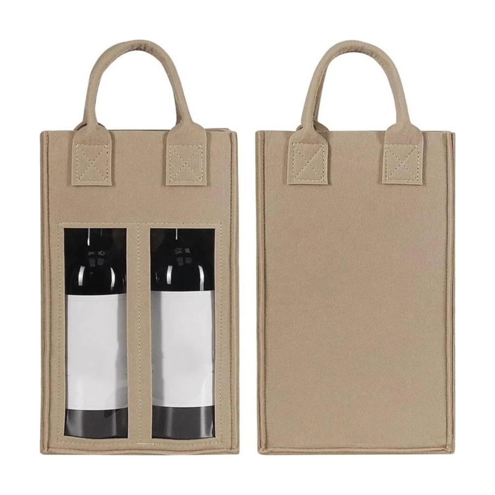 Double Bottle Holder Wine Box Non-woven Fabric Gift Presentation Box Wine Gift Bag with Transparent Window with Handle бежевый