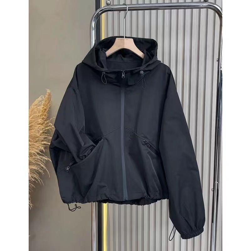2024 Women's Trendy Black Hooded Windbreaker Jacket - Casual Autumn High-End Style