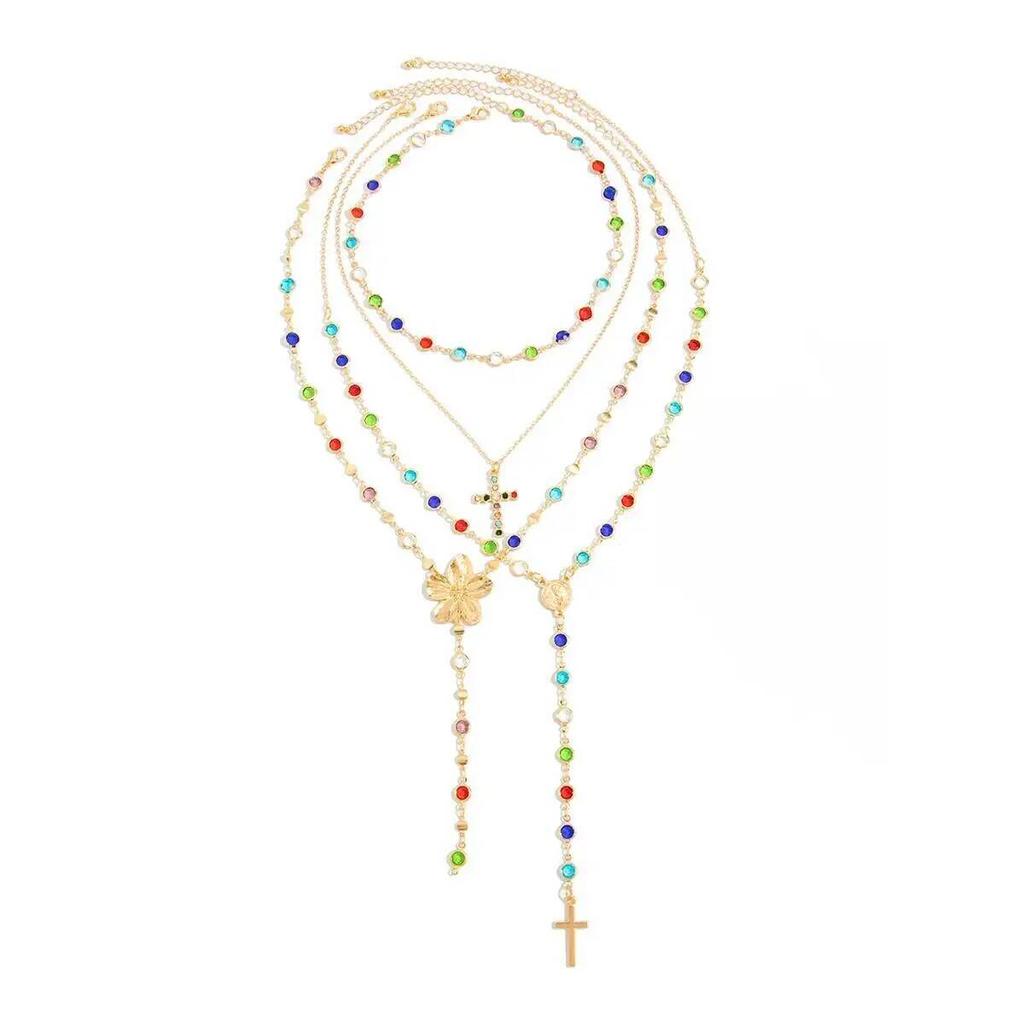 Ingemark Boho Sexy Colorful Crystal Long Y-Shaped Necklace for Women Trendy Cross Flower Pendant Metal Choker Party Y2K Jewelry