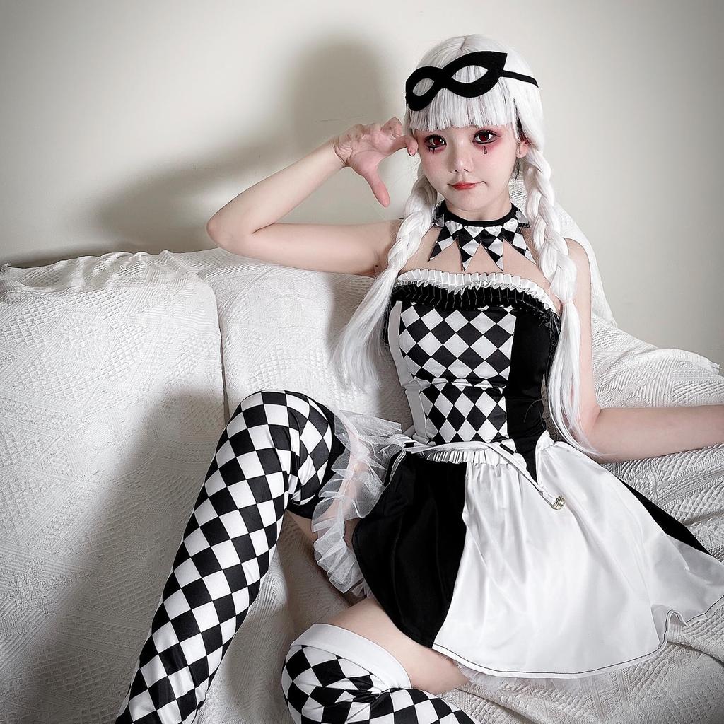 [Milky Time] Clown Cosplay Halloween Costume, Black and White Checkered Pattern, Monochrome Clown