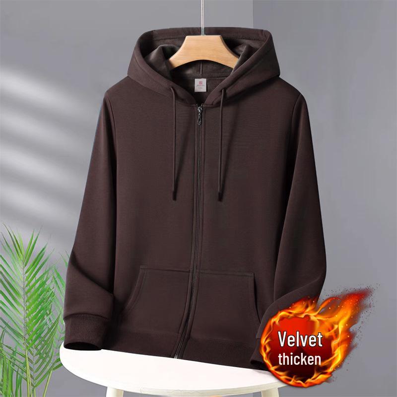 Unisex Heavyweight Cotton Zip-Up Hoodie Cardigan - Solid Color, Autumn/Winter Style.