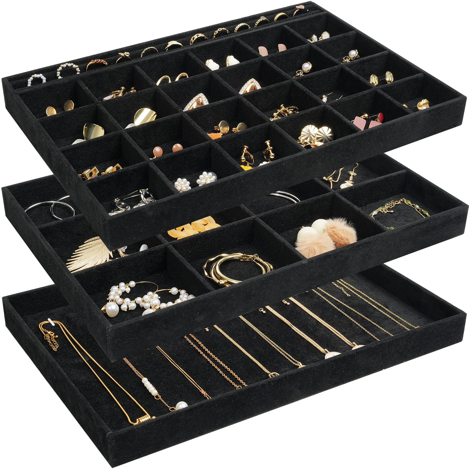 

ProCase Jewelry for Accessory with All Black Tray, 3-Pack, Stackable, Vanity/Dresser Drawers, Case, Display, Dividers,