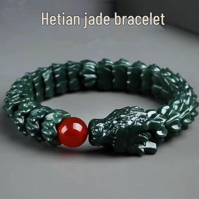 Prachtig Gesneden Jade Draak Armband: Natuurlijke Hetian Groene & Zwarte Schapenvet Jade met Inkt Jade Accenten